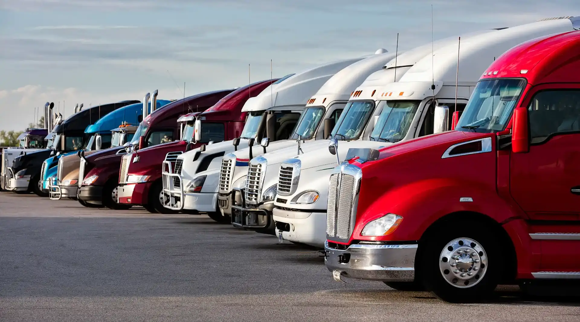 A row of parked semi-trucks in various colors, including red, white, and blue, lined up side by side in a parking lot under a clear sky.